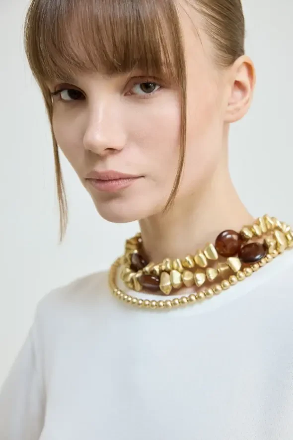 Design Gold Beaded Three-Strand Necklace - Gold - Gusto