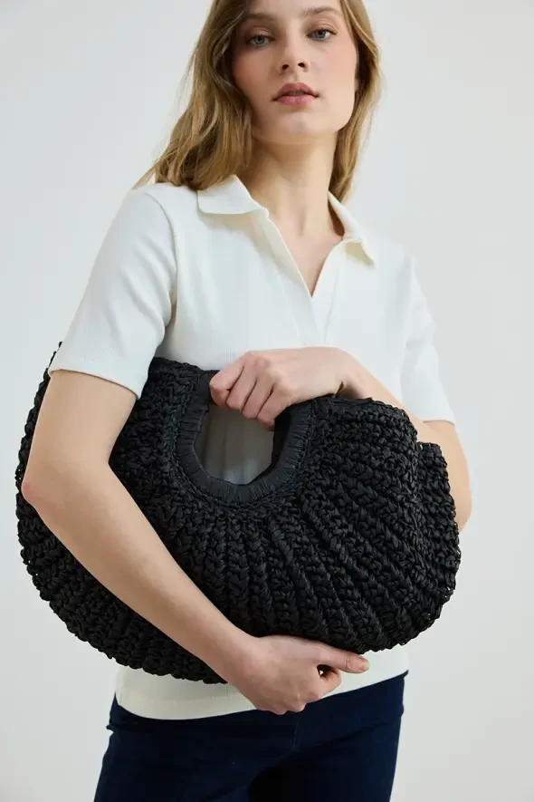 Designer Straw Bag - Black - 3