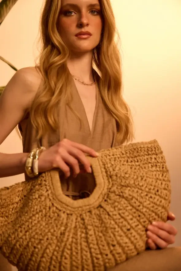 Designer Straw Bag - Camel - 1
