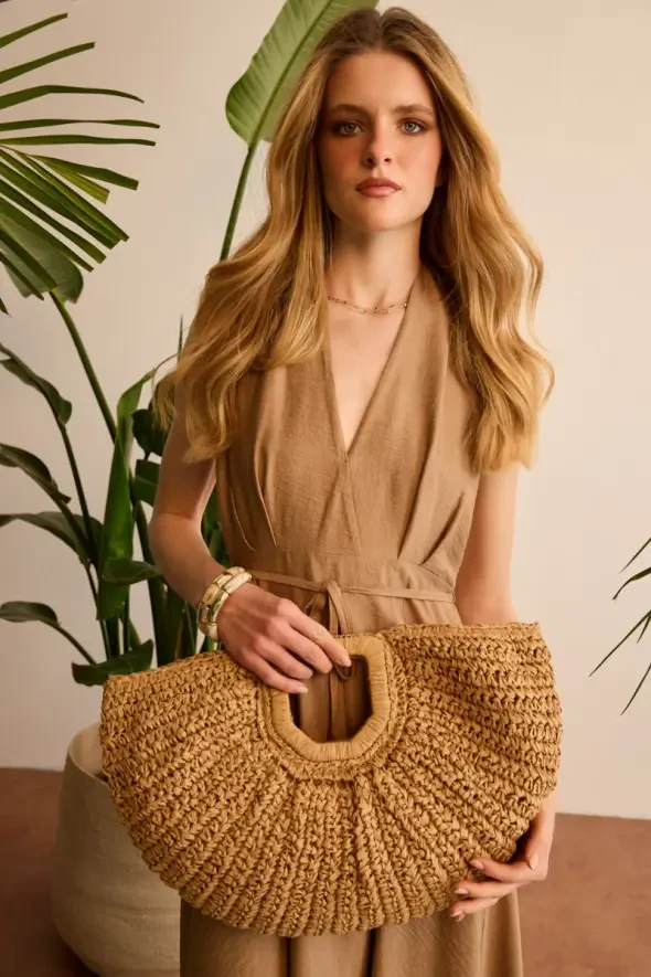 Designer Straw Bag - Camel - 2