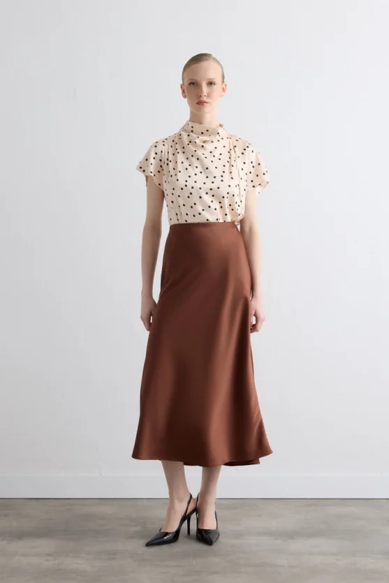 Diagonal Cut Long Satin Skirt - Camel - 1