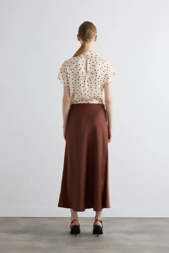 Diagonal Cut Long Satin Skirt - Camel - Gusto