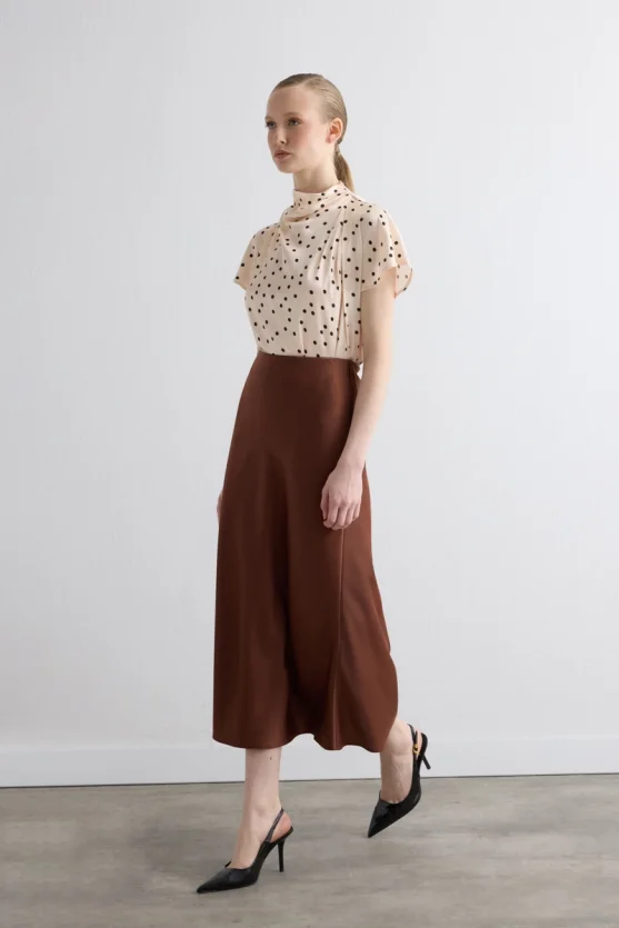 Diagonal Cut Long Satin Skirt Camel - Gusto