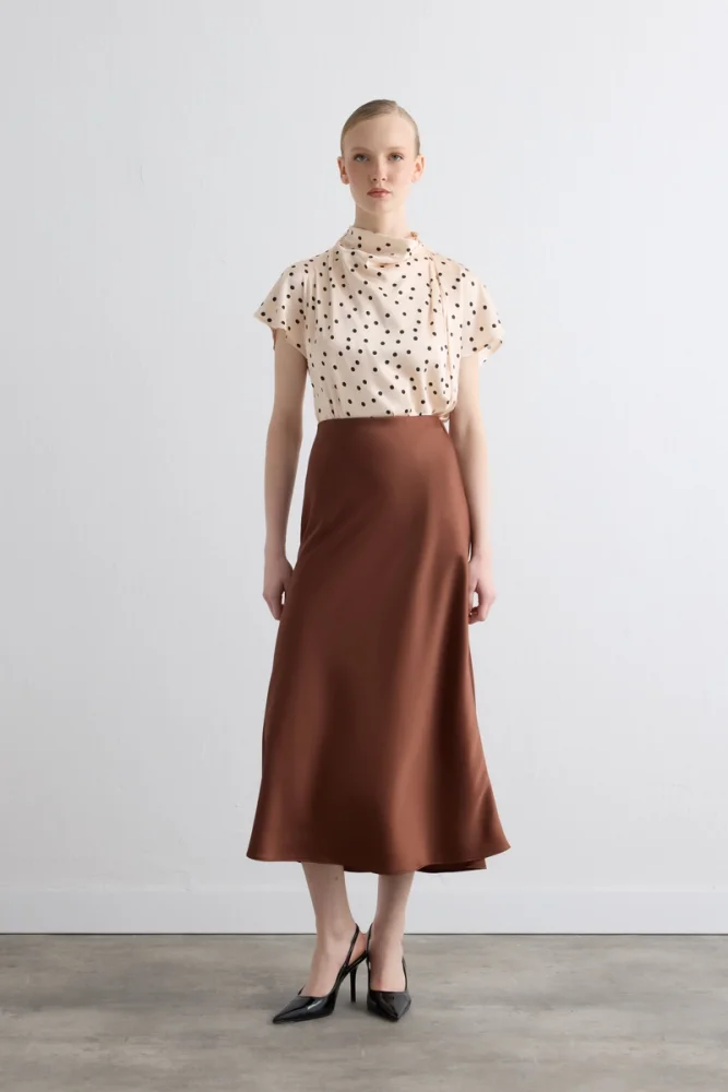 Diagonal Cut Long Satin Skirt Camel