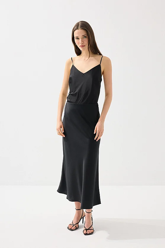 Diagonal Cut Satin Long Skirt - Black - 1