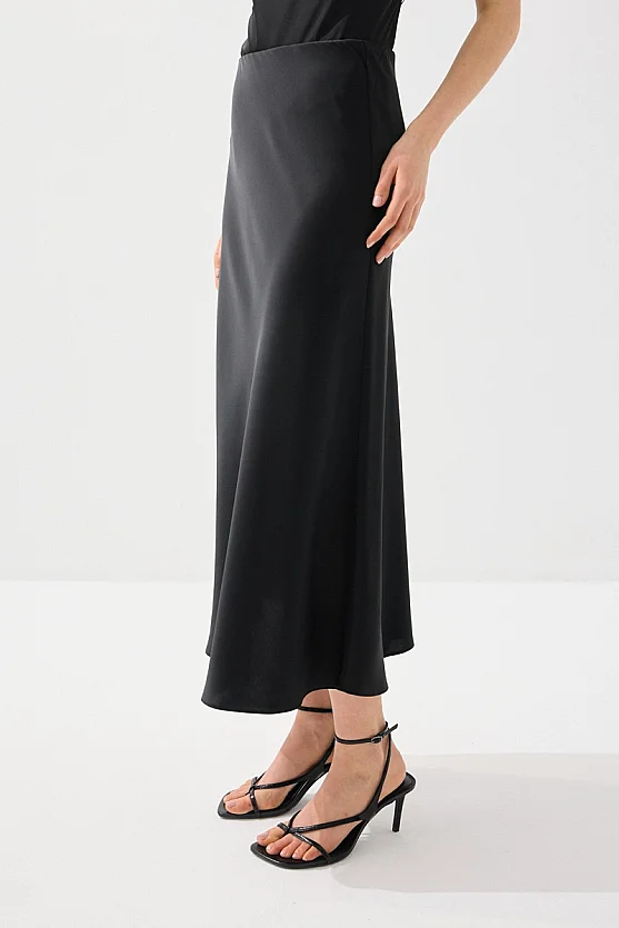 Diagonal Cut Satin Long Skirt - Black - 2