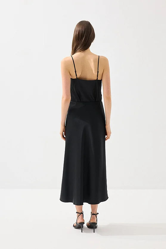 Diagonal Cut Satin Long Skirt - Black - 6