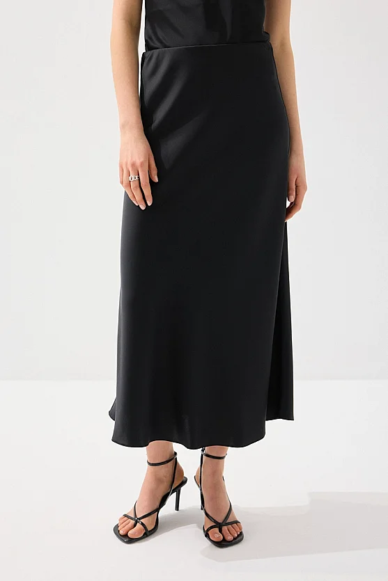 Diagonal Cut Satin Long Skirt - Black - Gusto