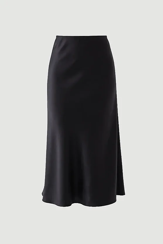 Diagonal Cut Satin Long Skirt - Black - Gusto