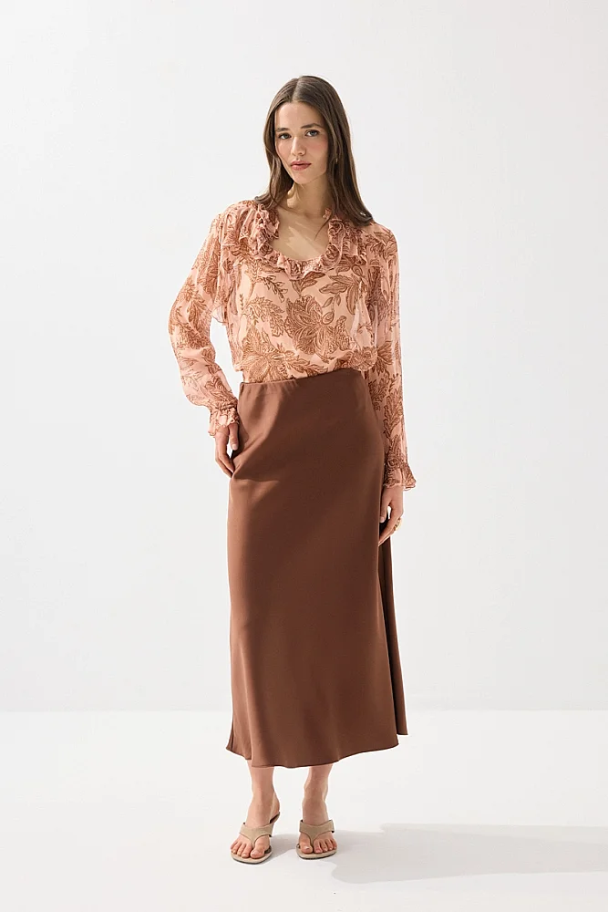 Diagonal Cut Satin Long Skirt - Brown