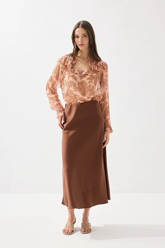Diagonal Cut Satin Long Skirt - Brown - 1
