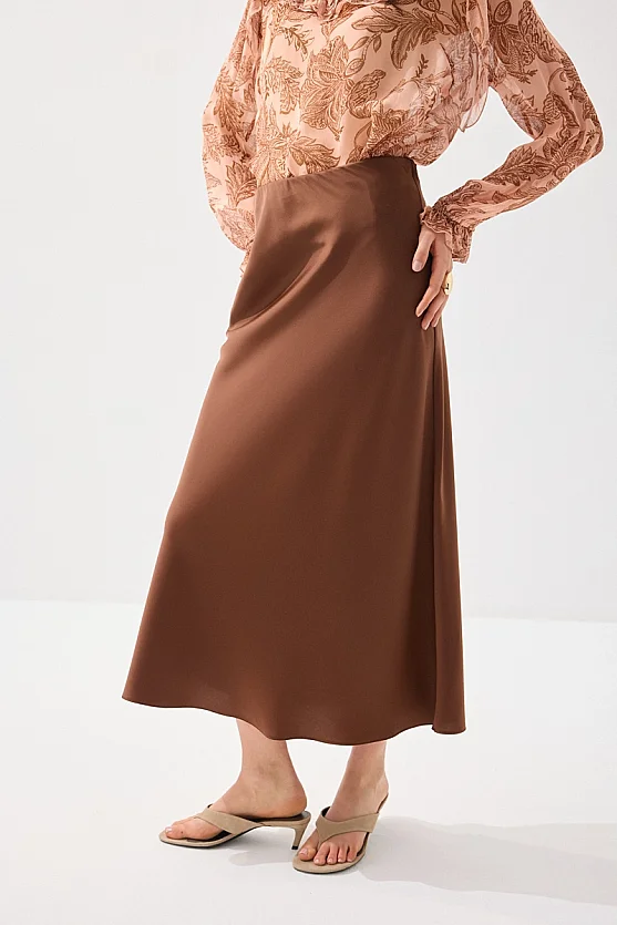 Diagonal Cut Satin Long Skirt - Brown - 2