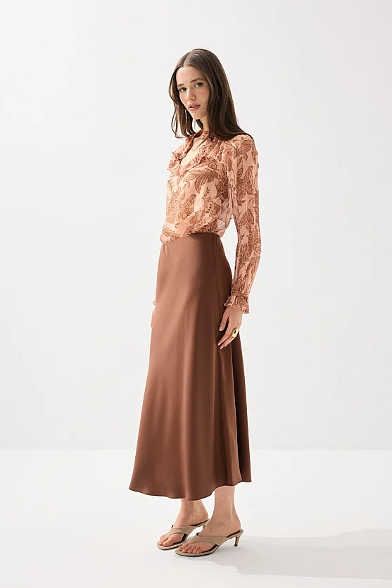 Diagonal Cut Satin Long Skirt - Brown - 3