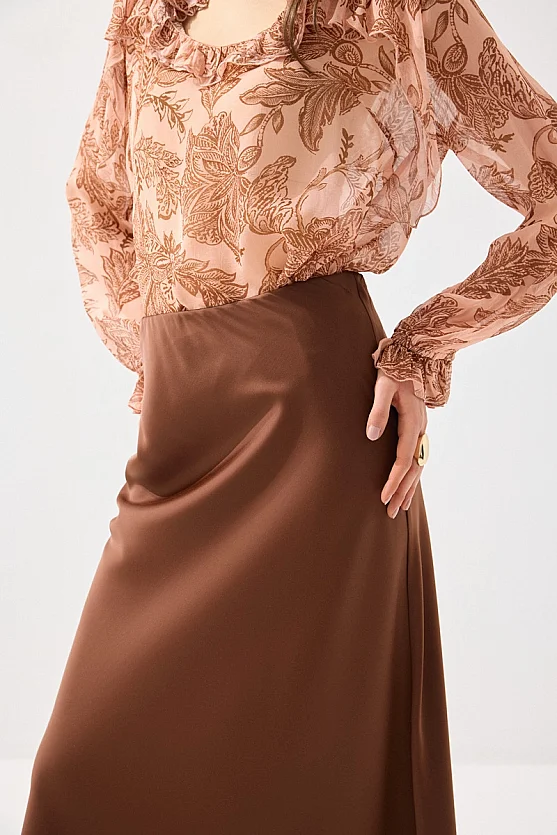 Diagonal Cut Satin Long Skirt - Brown - Gusto