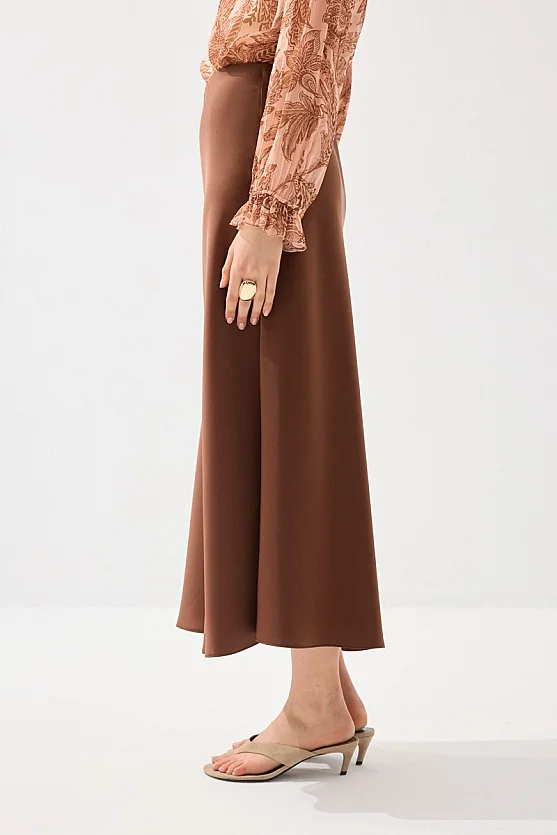 Diagonal Cut Satin Long Skirt - Brown - Gusto