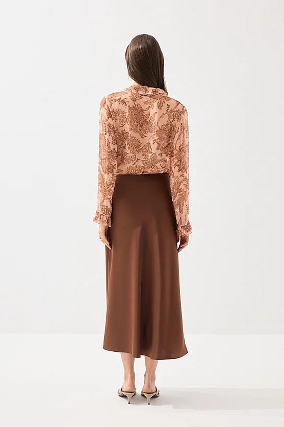 Diagonal Cut Satin Long Skirt - Brown - Gusto