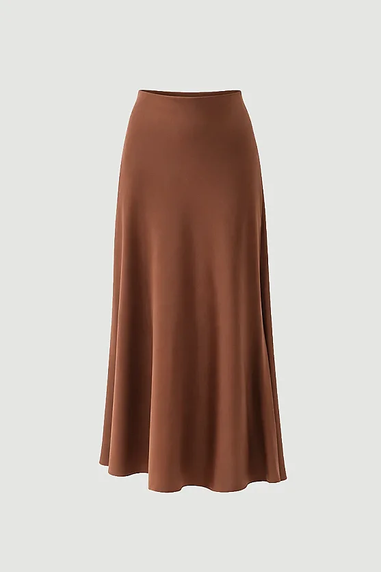 Diagonal Cut Satin Long Skirt - Brown - 7