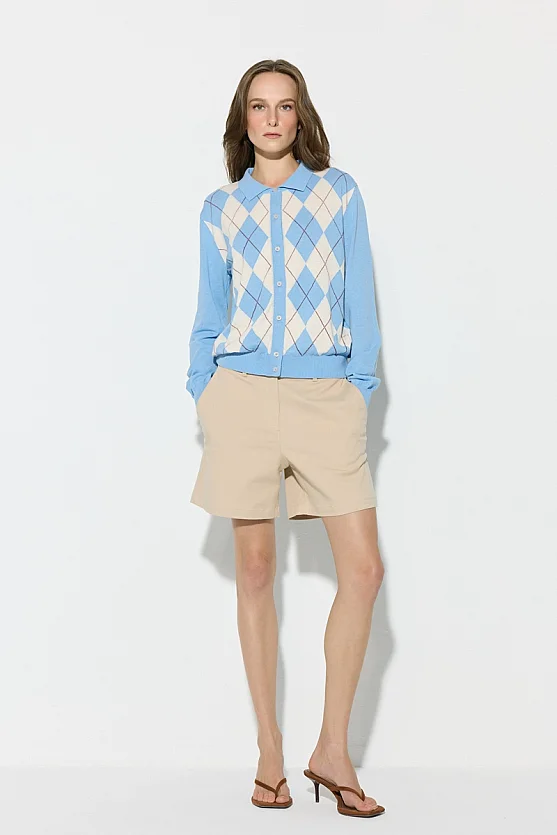 Diamond Pattern Polo Neck Knit Cotton Cardigan - Blue - 2