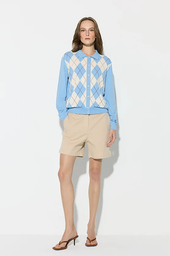 Diamond Pattern Polo Neck Knit Cotton Cardigan - Blue - 3