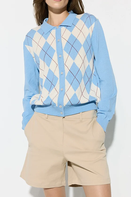 Diamond Pattern Polo Neck Knit Cotton Cardigan - Blue - Gusto
