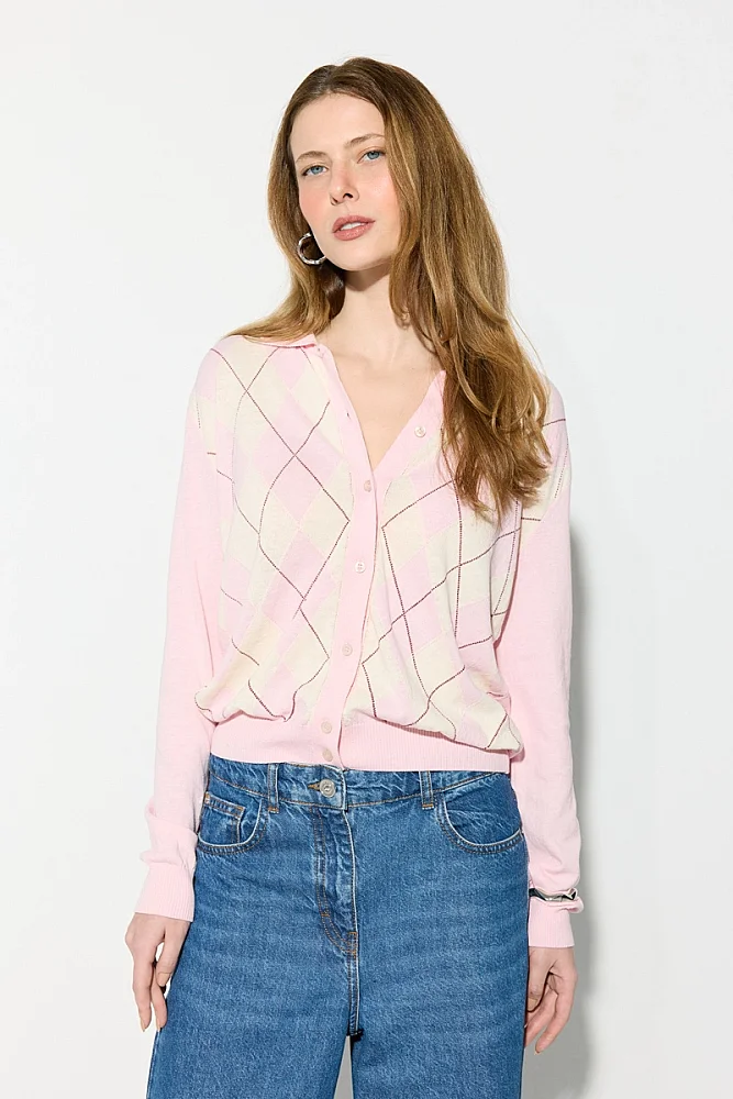 Diamond Pattern Polo Neck Knit Cotton Cardigan - Pink