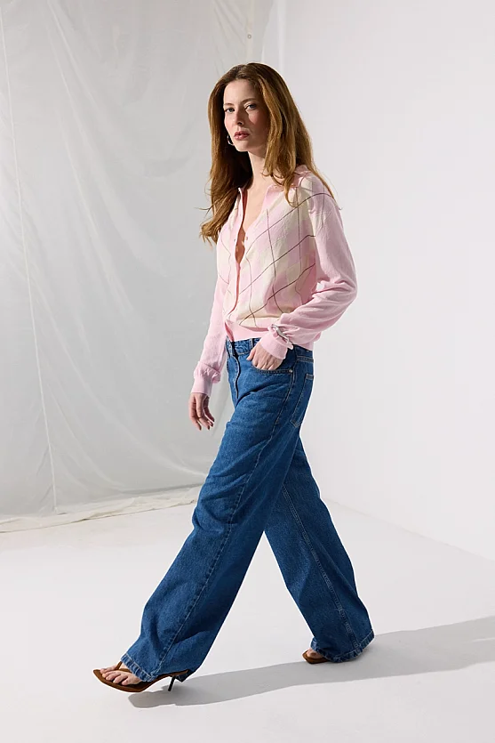 Diamond Pattern Polo Neck Knit Cotton Cardigan - Pink - 2