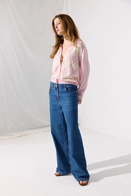 Diamond Pattern Polo Neck Knit Cotton Cardigan - Pink - 3