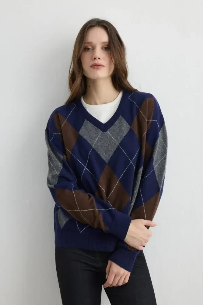 Diamond Pattern V Neck Wool Knitwear - Navy Navy Blue