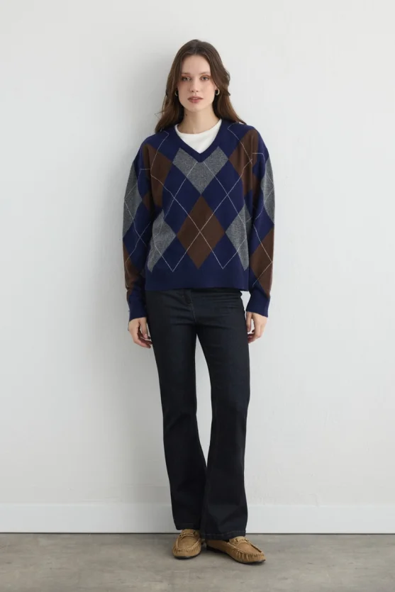 Diamond Pattern V Neck Wool Knitwear Navy - 3
