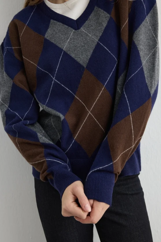 Diamond Pattern V Neck Wool Knitwear Navy - 6