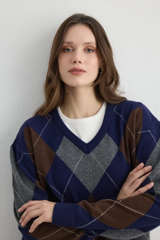 Diamond Pattern V Neck Wool Knitwear Navy - 5