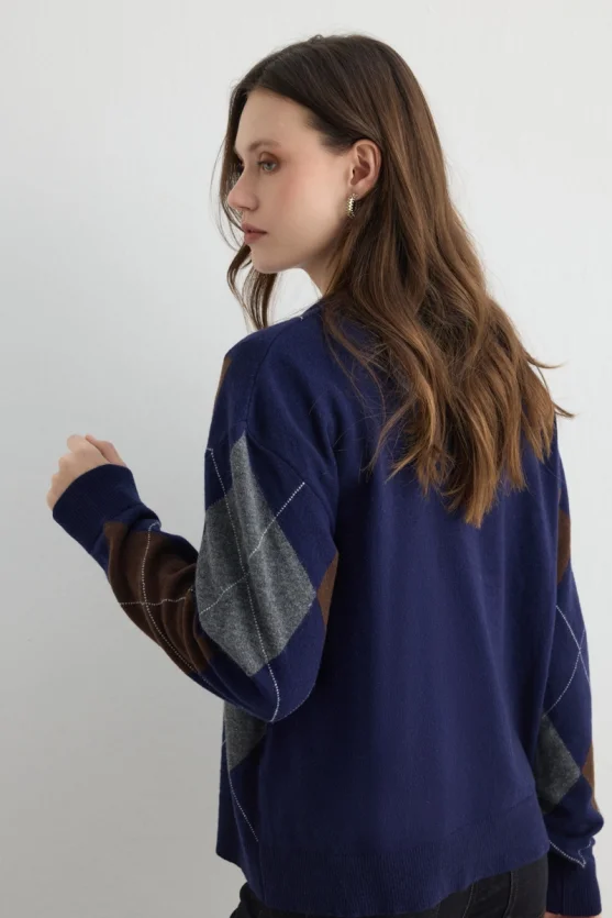 Diamond Pattern V Neck Wool Knitwear Navy - Gusto