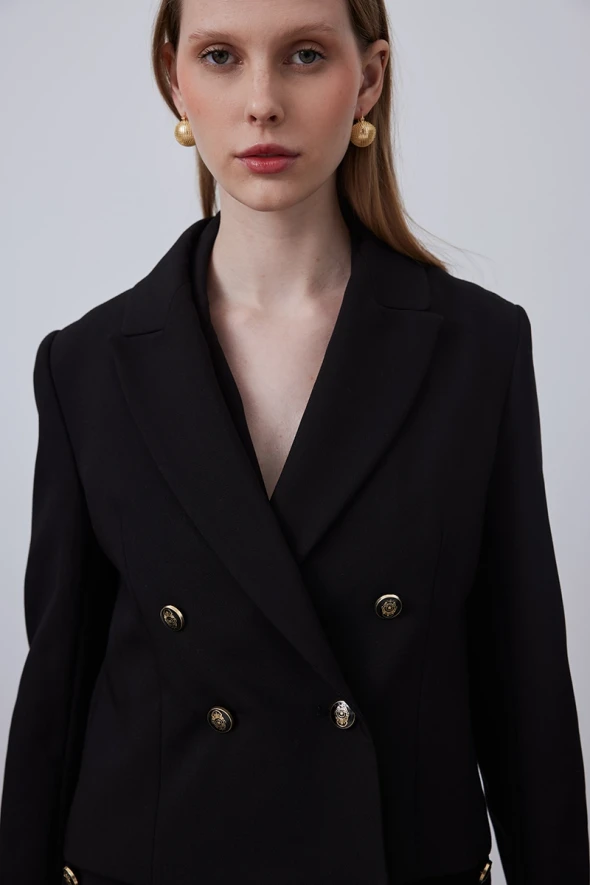 Double-Breasted Blazer Jacket - Black - 3