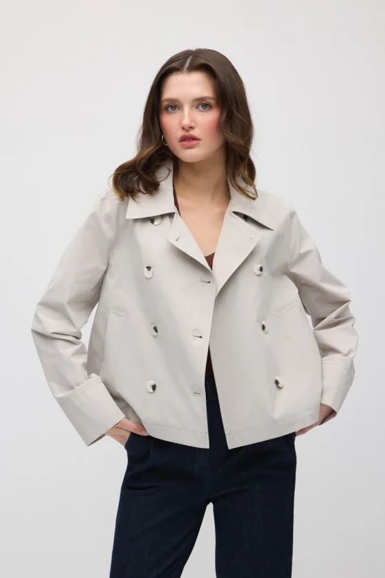 Double-Breasted Cotton Trench Coat - Stone - 1