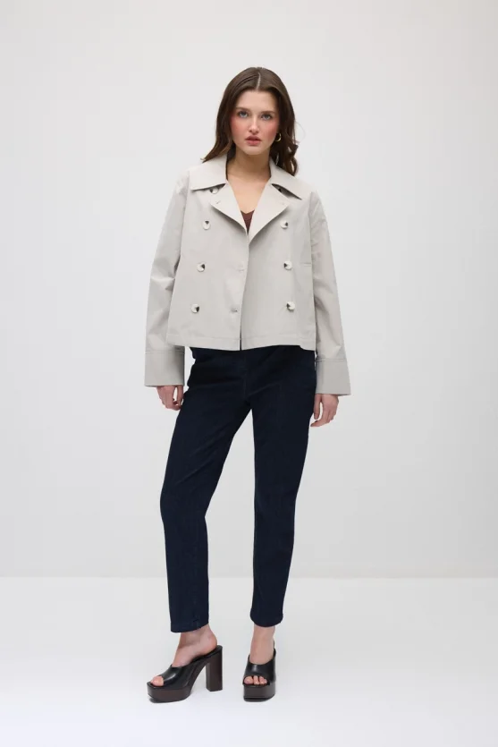 Double-Breasted Cotton Trench Coat - Stone - 2