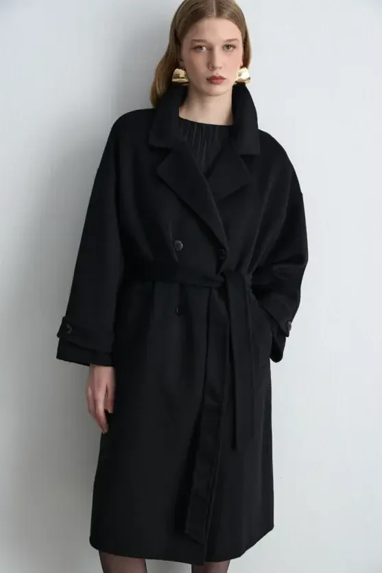 Double-Breasted Unlined Wool Coat - Black - 5