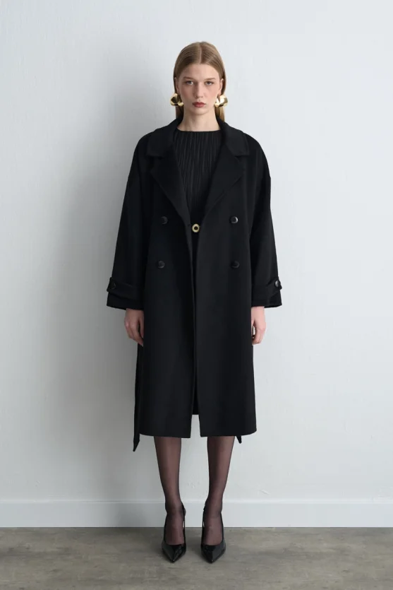 Double Breasted Unlined Wool Coat Black - 1