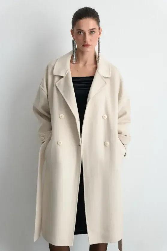 Double-Breasted Unlined Wool Coat - Ecru - 4