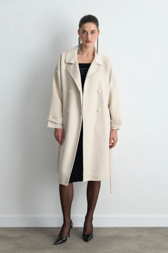 Double Breasted Unlined Wool Coat Ecru - 2