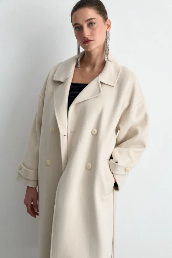 Double Breasted Unlined Wool Coat Ecru - Gusto