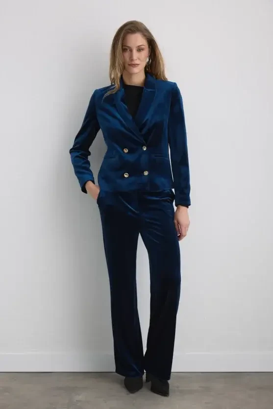 Double-Breasted Velvet Jacket - Navy - 4