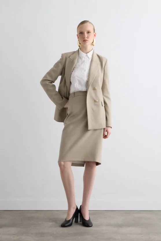 Double-Breasted Wool Coat - Beige - 4