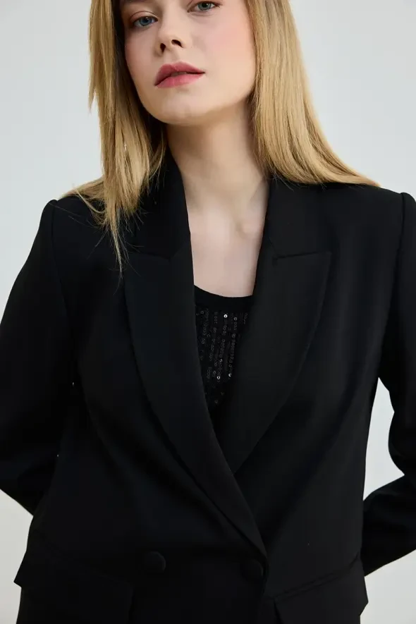Double Button Blazer Jacket - Black - 3