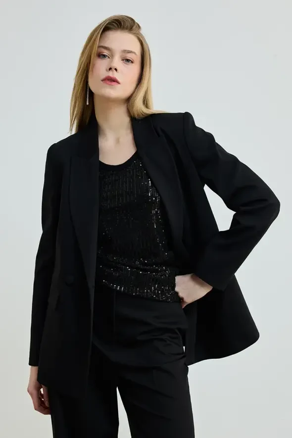 Double Button Blazer Jacket - Black - 4