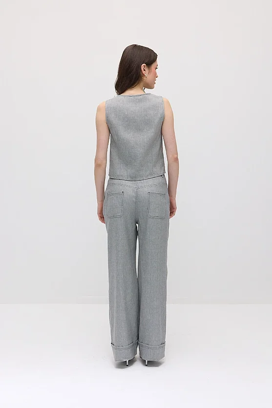 Double-Cuff Viscose Linen Pants - Grey - 5