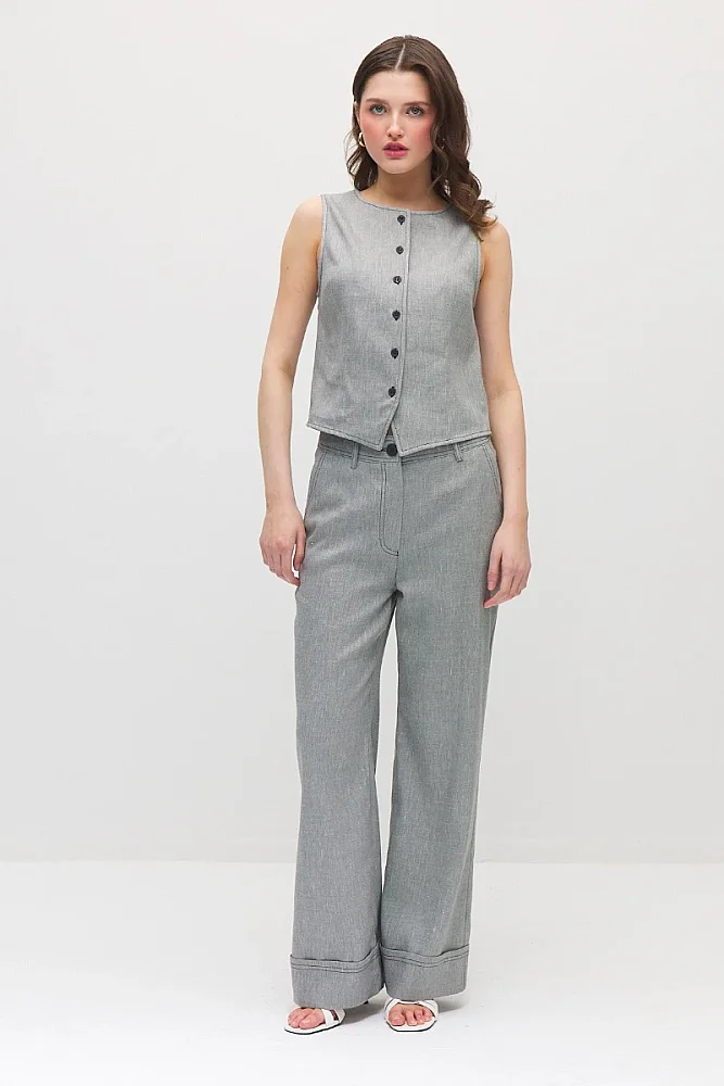 Double-Cuff Viscose Linen Pants - Grey Gray