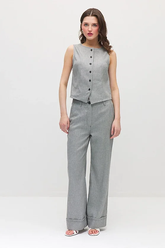 Double-Cuff Viscose Linen Pants - Grey - Gusto