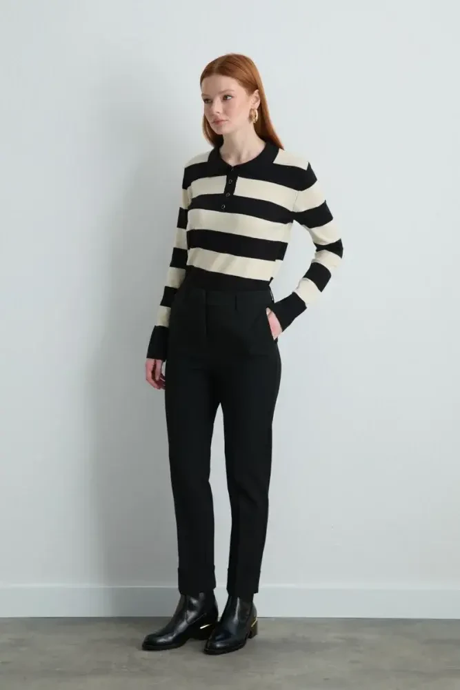 Double-Hem High-Waist Pants - Black Black