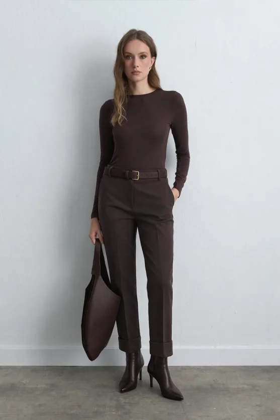 Double Pleated High Waisted Pants Brown - 1
