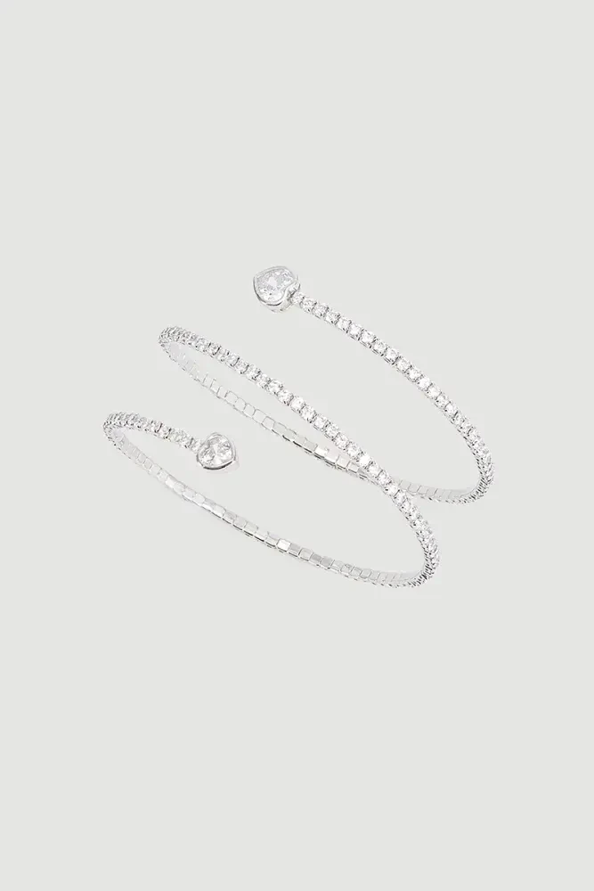 Double Row Heart Detail Crystal Cuff Bracelet - Silver Silver